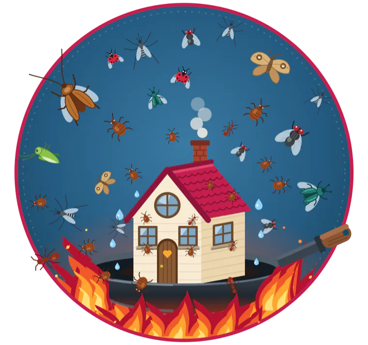 Illustration of a house being heated in a pan, driving out bed bugs and other pests